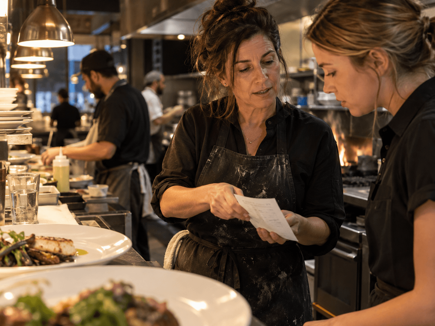 Responsables coordinando un servicio urgente en la cocina de un restaurante