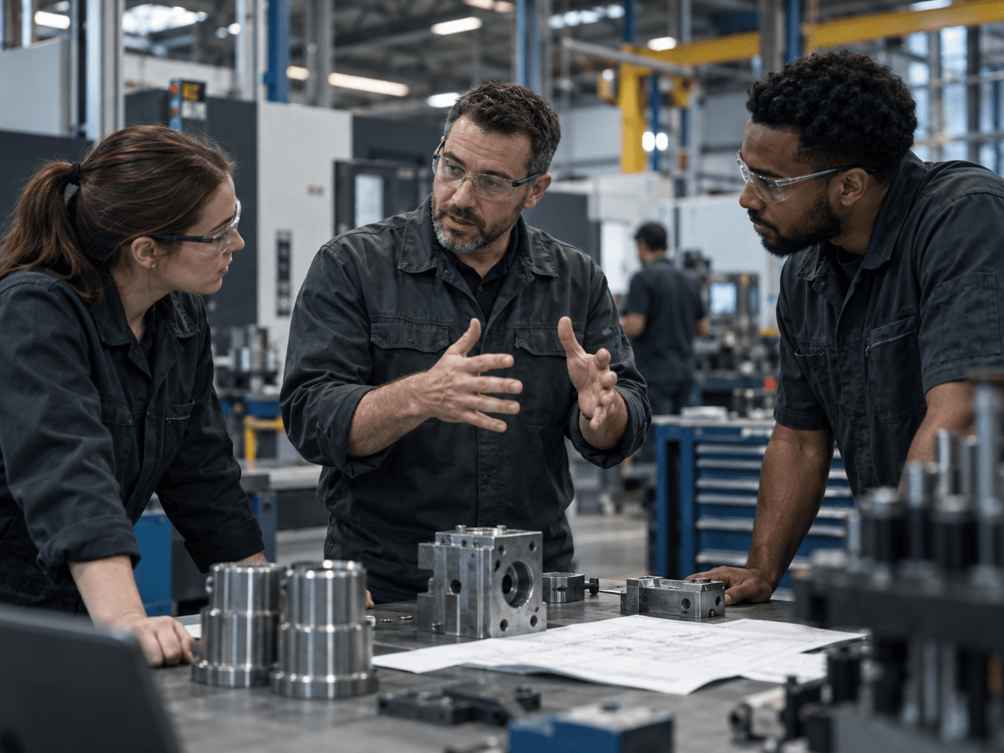 Equipo revisando piezas y un plano para resolver un problema que se repite